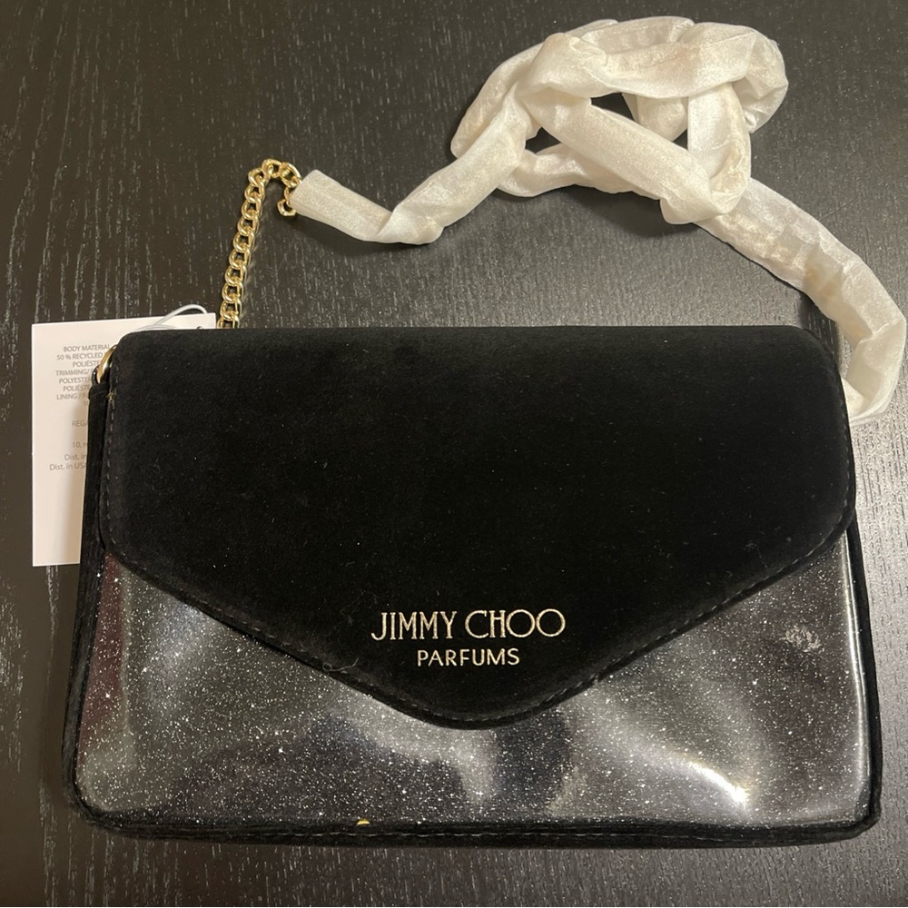 Jimmy Choo Black and Silver Clutch with Gold Chain